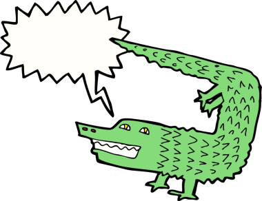 Bir insan tarafından çizilmiş konuşma balonlu çizgi film timsahı.