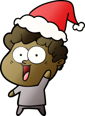 Noel Baba şapkası giyen mutlu bir adamın insan tarafından çizilmiş el çizimi karikatürü.