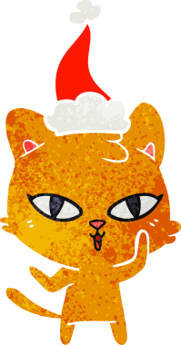 Bir insan tarafından çizilmiş Noel Baba şapkası takan bir kedinin retro karikatürü.