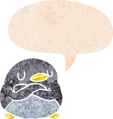 grunge 'da konuşma balonu olan karikatür pengueni bir insan tarafından çizilmiş tedirgin geçmiş dokulara sahip.