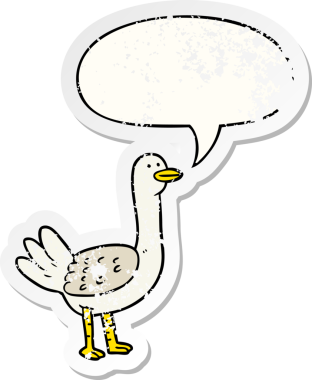 Konuşma baloncuğu olan çizgi film kuşu, bir insan tarafından çizilmiş sıkıntılı eski bir çıkartma.