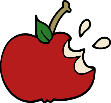 Bir insan tarafından çizilmiş sulu, ısırılmış bir elma.