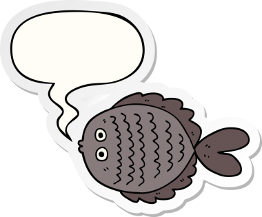 Bir insan tarafından çizilmiş balon çıkartmalı karikatür düz balık.