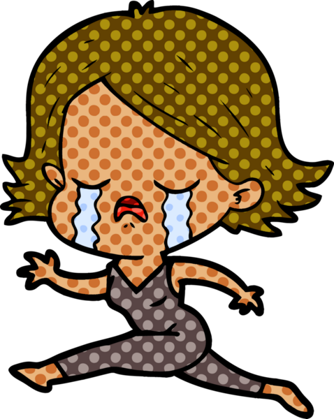 Çizgi film kızı bir insan tarafından çizilmiş koşarken ağlıyor.