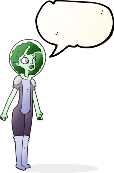 Bir insan tarafından çizilmiş serbest konuşma balonu çizgi filmi uzaylı kız.