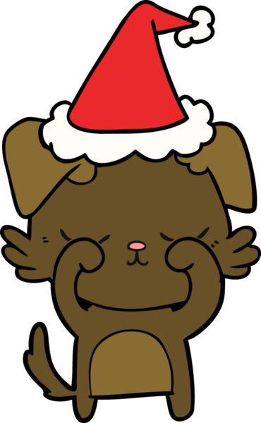 Bir insan tarafından çizilmiş Noel Baba şapkası takan bir köpeğin çizimi.