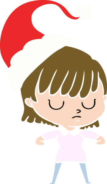 Bir insan tarafından çizilmiş Noel Baba şapkası takan bir kadının düz renkli çizimi.