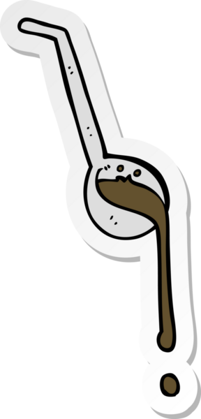 Bir insan tarafından çizilmiş et suyu dolu bir karikatür kepçesinin çıkartması.