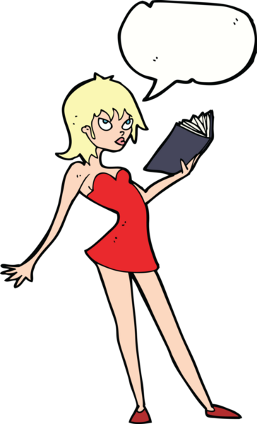 Bir insan tarafından çizilmiş konuşma balonlu kitap okuyan karikatür kadın.