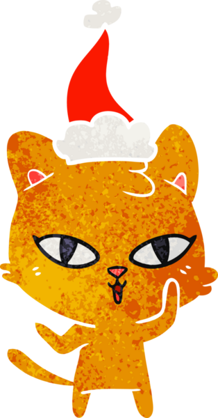 Bir insan tarafından çizilmiş Noel Baba şapkası takan bir kedinin retro karikatürü.