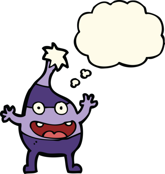 Bir insan tarafından çizilmiş düşünce baloncuğu olan komik bir Noel yaratığı.