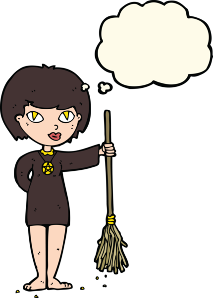 Bir insan tarafından çizilmiş düşünce balonlu güzel cadı kız çizgi filmi.