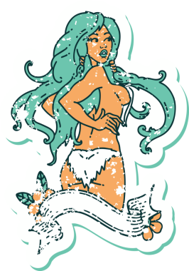 Geleneksel stil dövmeli stresli bir Viking kızı afişi bir insan tarafından çizilmiş.