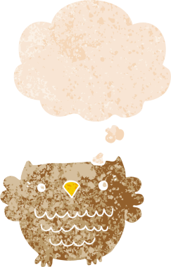 bir insan tarafından çizilmiş grunge sıkıntılı retro desenli düşünce baloncuğu ile çizgi film baykuşu