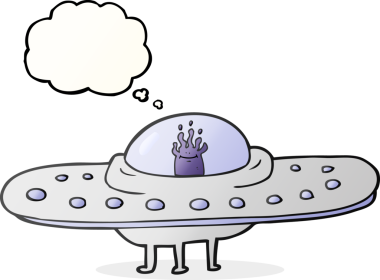 Bir insan tarafından çizilmiş serbest çizim balon karikatür uçan daire.