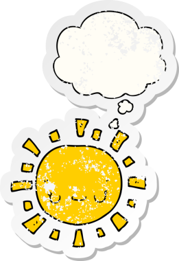 Düşünce baloncuklu karikatür güneşi bir insan tarafından çizilmiş yıpranmış bir çıkartma gibi.