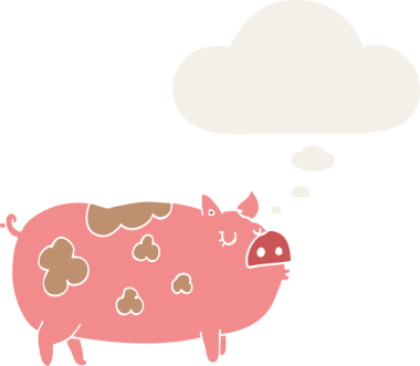 Düşünce baloncuklu çizgi film domuzu insan tarafından çizilmiş.