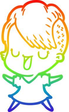 Gökkuşağı gradyan çizimi. Hipster saç kesimi bir insan tarafından çizilmiş şirin bir çizgi film kızı.