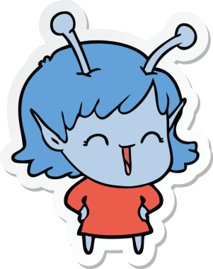 Bir insan tarafından çizilmiş mutlu uzaylı bir kızın çıkartması.