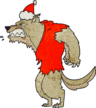 Kızgın kurt adam eli, bir insan tarafından çizilmiş Noel Baba şapkası çizilmiş.