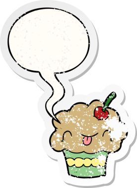 Konuşma balonlu komik çizgi film keki. Bir insan tarafından çizilmiş sıkıntılı eski bir çıkartma.