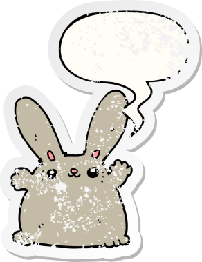 Konuşma baloncuğu olan çizgi film tavşanı bir insan tarafından çizilmiş sıkıntılı eski bir çıkartma