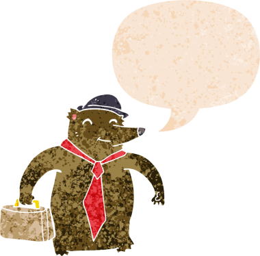 Bir insan tarafından çizilmiş grunge sıkıntılı retro tarzı ile konuşma balonu ile çizgi film iş ayısı