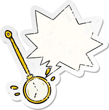 Karikatür sallanan altın hipnotizmacı saat konuşma baloncuğu ile sıkıntılı eski bir çıkartma bir insan tarafından çizilmiş