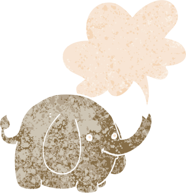 grunge 'da konuşma baloncuğu olan karikatür fili bir insan tarafından çizilmiş dertli retro tarzı.