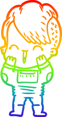 Gökkuşağı gradyan çizgi çizimi. Bir insan tarafından çizilmiş uzay elbisesi giyen mutlu bir hippi kız çizimi.