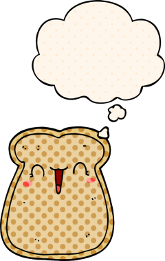 Bir insan tarafından çizilmiş çizgi roman tarzı düşünce baloncuklu tatlı bir tost dilimi.