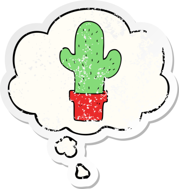 Düşünce baloncuğu olan çizgi film kaktüsü insan tarafından çizilmiş yıpranmış bir çıkartma.