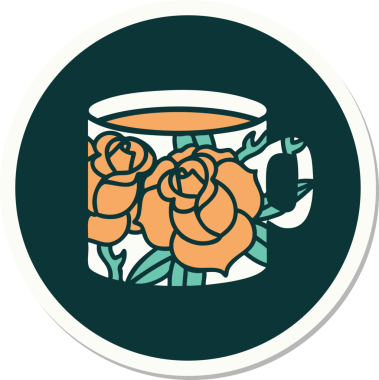 Geleneksel bir kupa stili dövme çıkartması ve bir insan tarafından çizilmiş çiçekler.