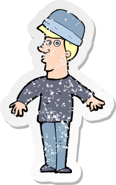 Bir insan tarafından çizilmiş şapkalı bir çizgi film karakterinin gerilimli çıkartması.