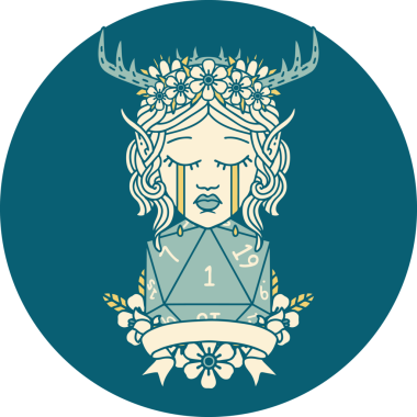 Retro Dövme Tarzı Üzgün Elf Karakteri Yüzü Doğal bir D20 ruloyla Bir insan tarafından çizilmiş