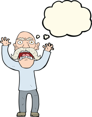 Bir insan tarafından çizilmiş düşünce baloncuğu olan kızgın yaşlı bir adam.