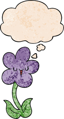 Mutlu yüzlü bir karikatür çiçeği ve bir insan tarafından çizilmiş grunge desenli bir düşünce kabarcığı.
