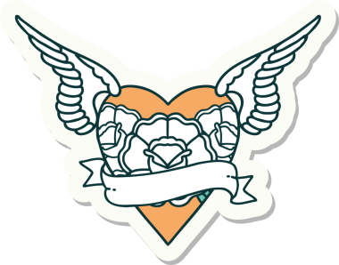 Geleneksel kalp stili dövme çıkartması. Kanatları, çiçekleri ve insan sancağıyla çizilmiş.