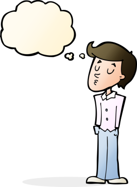 Bir insan tarafından çizilen düşünce baloncuklu sakin adam çizgi filmi.