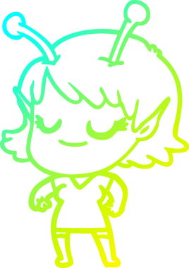 Bir insan tarafından çizilmiş gülümseyen uzaylı kız çizgi filmi.