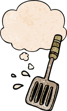 Bir insan tarafından çizilmiş grunge desenli düşünce baloncuklu çizgi film mutfak spatulası.