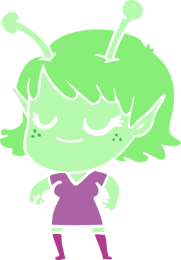 Gülümseyen uzaylı kız düz renkli çizgi film bir insan tarafından çizildi.