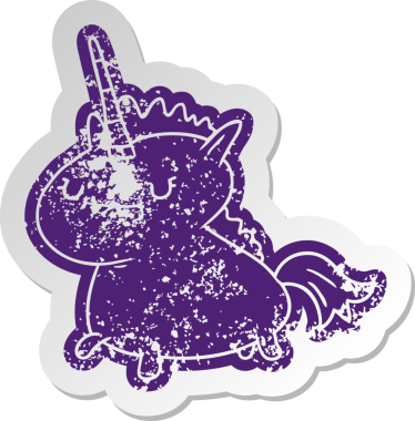 Bir insan tarafından çizilmiş sihirli tek boynuzlu atın sıkıntılı eski çizgi film çıkartması.