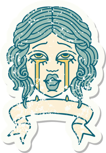 Bir insan tarafından çizilmiş, çok mutlu, ağlayan bir kadın yüzü olan eski bir çıkartma.