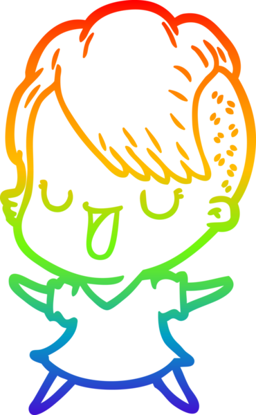 Gökkuşağı gradyan çizimi. Hipster saç kesimi bir insan tarafından çizilmiş şirin bir çizgi film kızı.