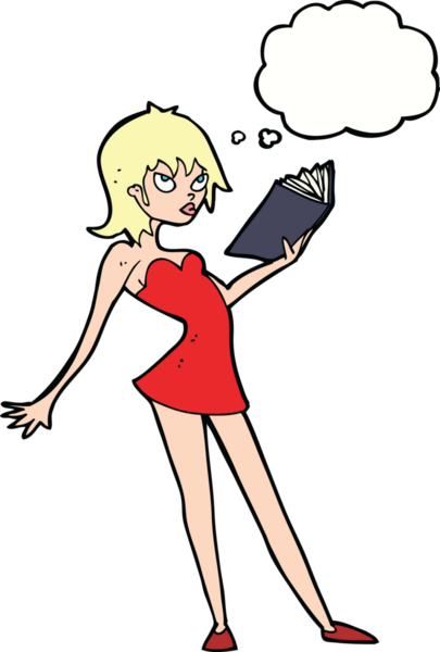 Bir insan tarafından çizilmiş düşünce balonlu kitap okuyan çizgi film kadını.