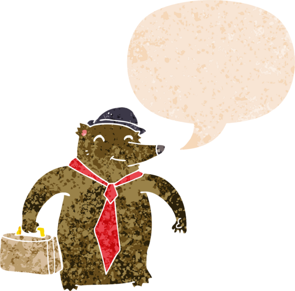 Bir insan tarafından çizilmiş grunge sıkıntılı retro tarzı ile konuşma balonu ile çizgi film iş ayısı