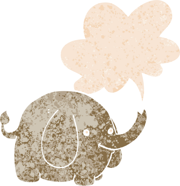 grunge 'da konuşma baloncuğu olan karikatür fili bir insan tarafından çizilmiş dertli retro tarzı.