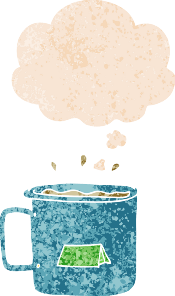 Düşünce baloncuklu karikatür kampı kupası. Bir insan tarafından çizilmiş dertli retro tarzı.