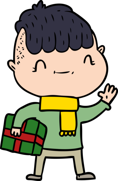 Bir insan tarafından çizilmiş Noel hediyeli çizgi film dostu çocuk.